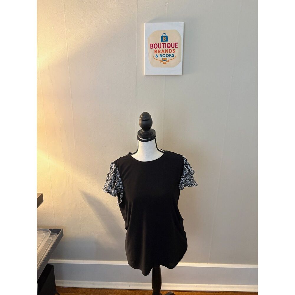 CeCe Black Floral Flutter Sleeve Blouse – Women’s Size Small